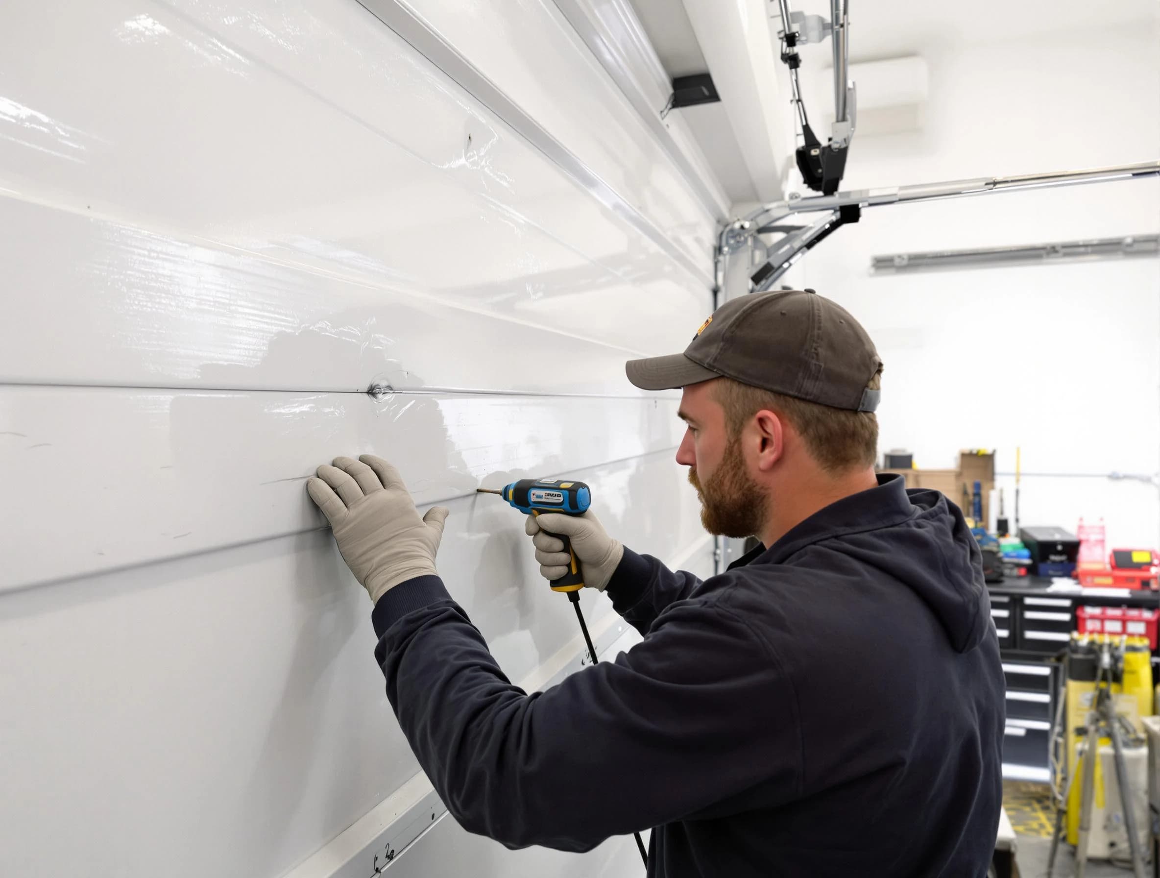 Dove Valley Garage Door Repair technician demonstrating precision dent removal techniques on a Dove Valley garage door